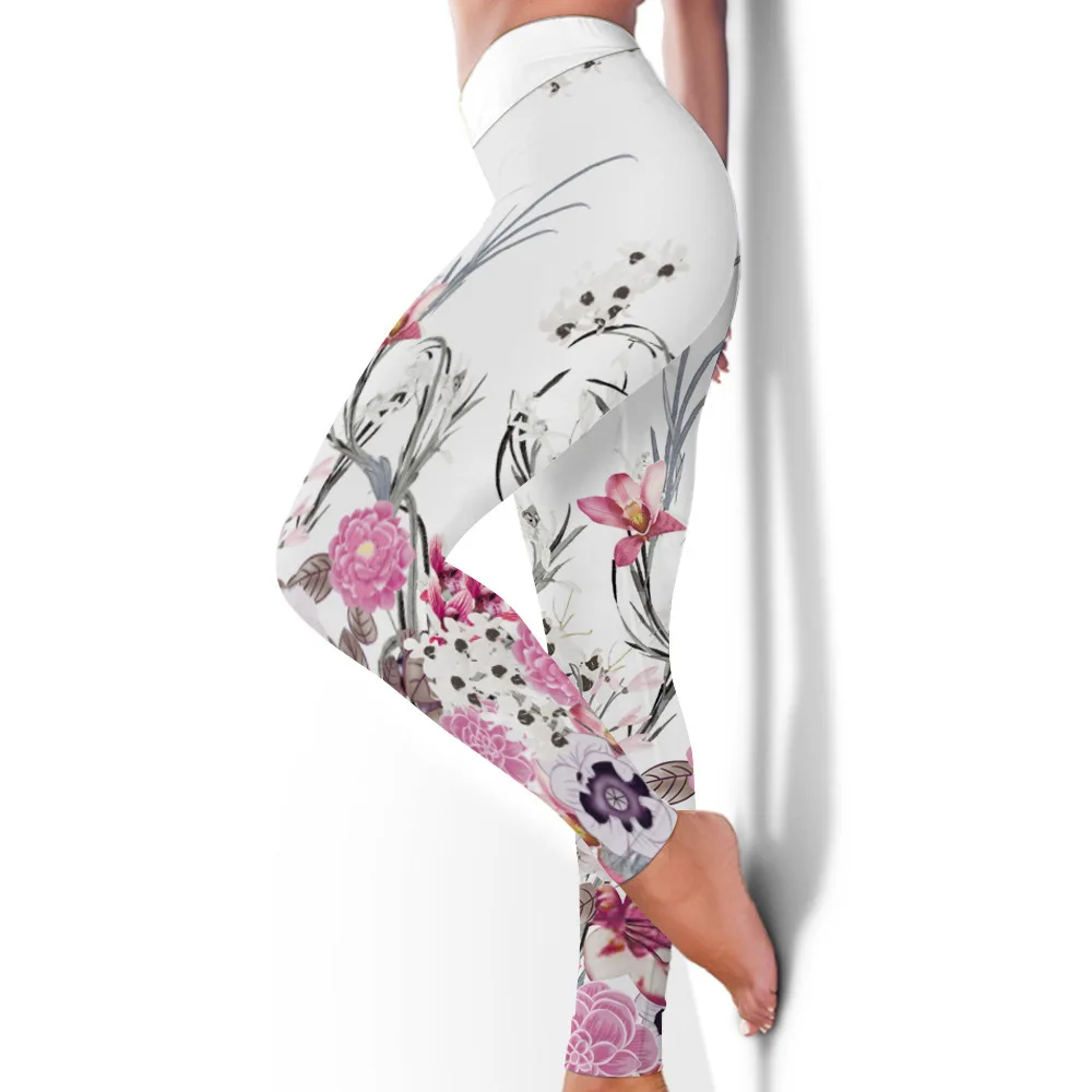 Spring and summer flower print high-waisted stretch slim pants around play daily wear female leggings