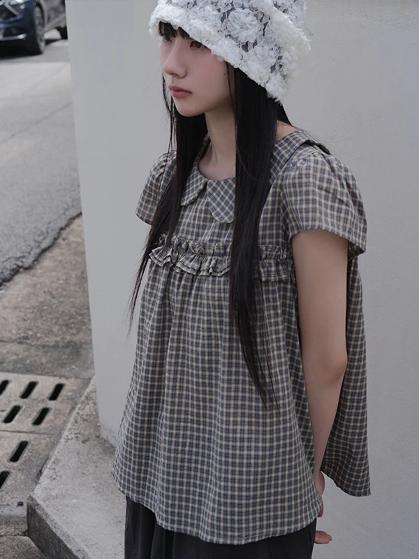 

Шикарная ретро-рубашка в клетку с воротником-стойкой, женская, с коротким рукавом, для многослойных образов, в корейском стиле, из других материалов, 100% хлопок, весна 2026, стандартный крой, тонкая.