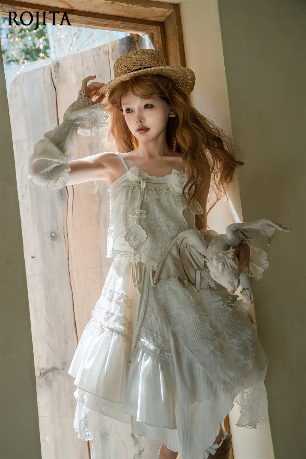 

2026 New Lolita Dress Spring Summer Women's Vintage Jsk Dress Boho Lace Ruffle Asymmetrical Hem Spaghetti Strap Dress
