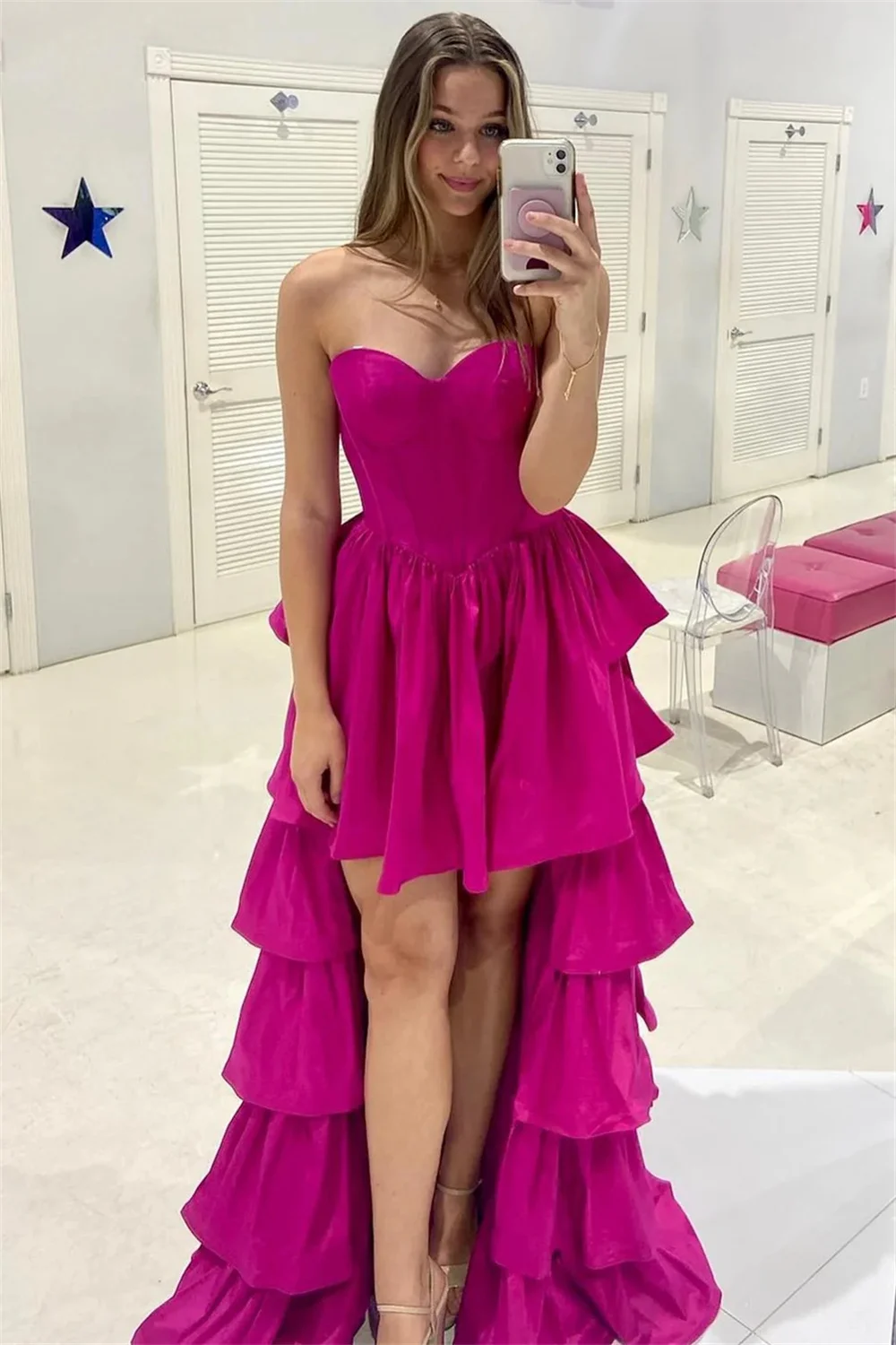 Annie Fairy-Vestidos de baile de graduación morados, tafetán en capas, Alto y Bajo vestido de novia, Vestidos de cóctel con hombros descubiertos, Vestidos DeFiesta