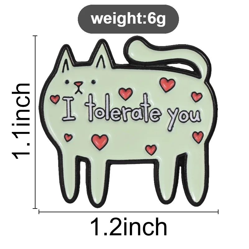 "I toleriere dich" Emaille-Abzeichen, Herz-Heilende Katzen-Muster-Pin, Lustiger Slogan, Deko-Brosche, Accessoire, Geschenk für Katzenliebhaber – Detail 1