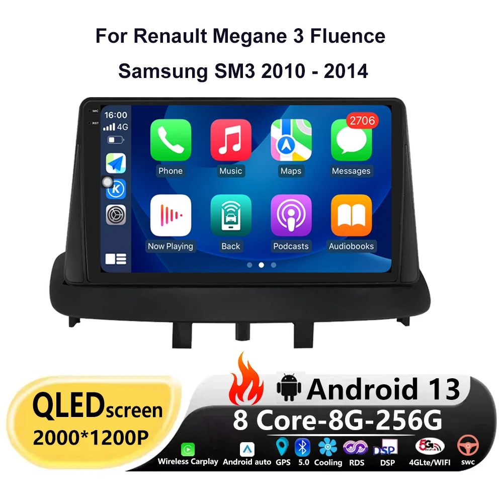 Android 13 CarPlay GPS Navigation Car Radio For Renault Megane 3 Fluence Samsung SM3 2010 - 2014 Multimedia Player DSP