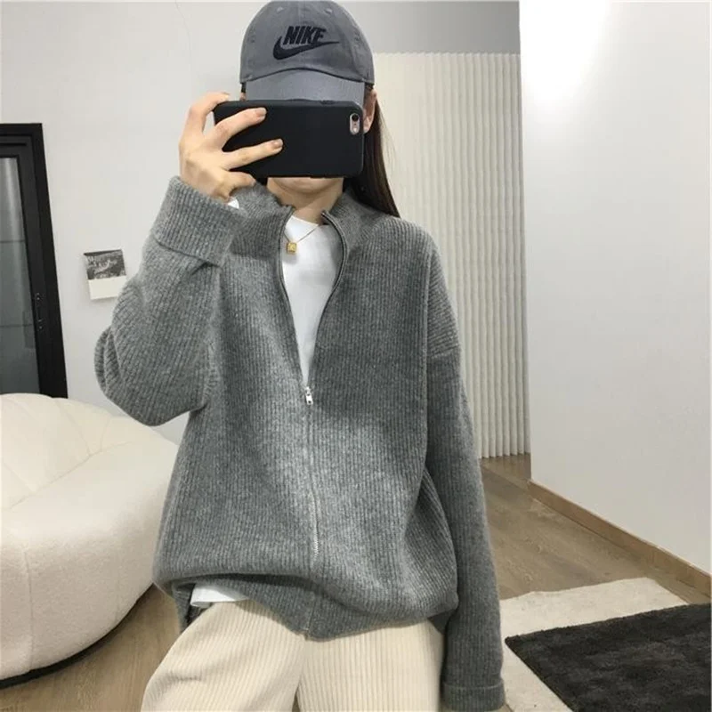 Fashion casual zipper cashmere cardigan women autumn winter half high round neck sweater loose knit lazy wool coat