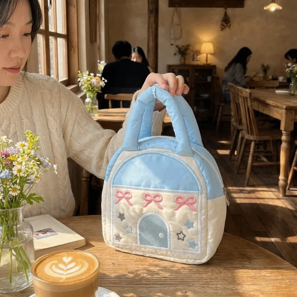 Embroidery Decor Camera Carrying Bag Large Capacity Portable Small House Shaped Handbag Hand-held Polyester Makeup Organizer Bag