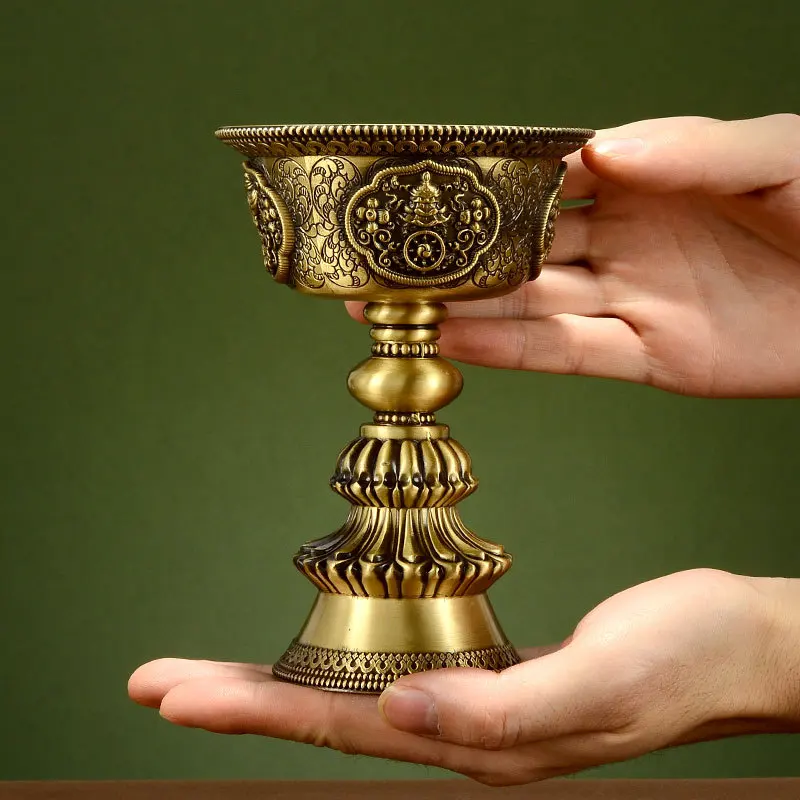 Eight Auspicious Symbols Carved, Long-Lasting Holder for Buddha Altar, Candle Stand, Copper Ghee Lamp Base