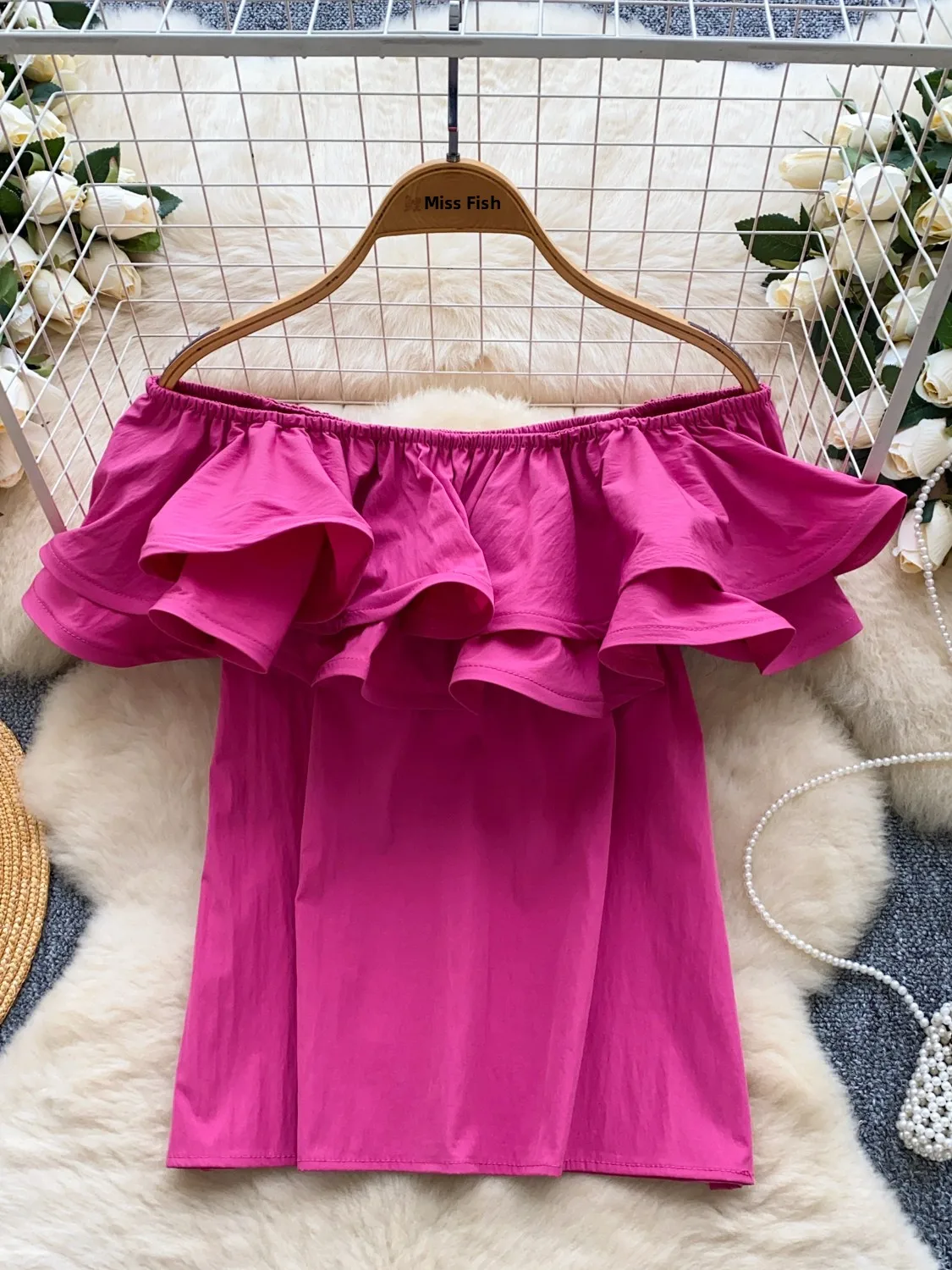 Csa de Dama de  con Hombros Descubiertos, Estilo Dulce y Chic, Verano 2025, Estilo Coreano, Corte Hoado, Manga Cort...