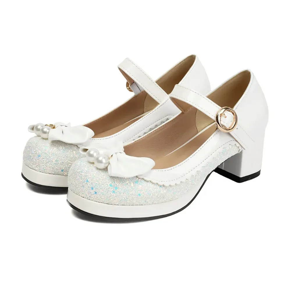 2026 Unifrom Dress Sparkling Lolita Shoes Mary Jane Pumps Chunky Heels Sequin Sweet Bow Cosplay Walkwear for Daily Dressing Up