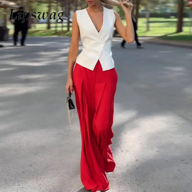 

Women Slim Club Outfit Lady Fashion Sleeveless V-neck Blouse Tops+Pocket Trousers 2Pcs Suit High Street Group Of Pants Set 2024