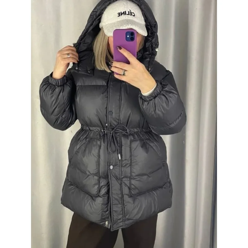 

Женская теплая зимняя куртка из плотного хлопка с воротником-стойкой, на молнии, с длинными рукавами, со съемным капюшоном на шнуровке