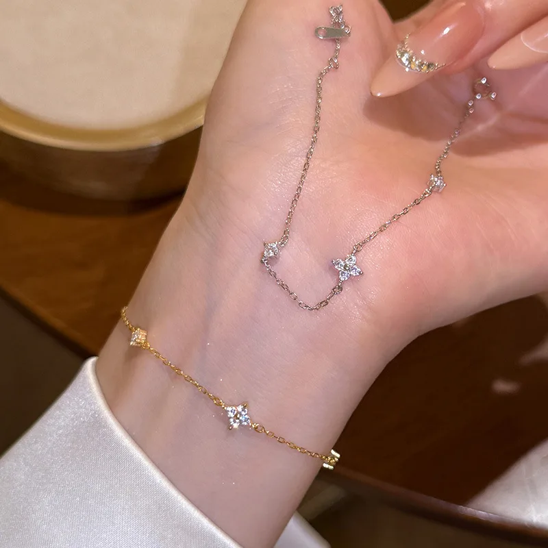 ENSHIR Four Leaf Flower Zircon Open Bracelet for Women French Delicate Luxury Design Wedding Daily Jewelry Gifts Wholesale