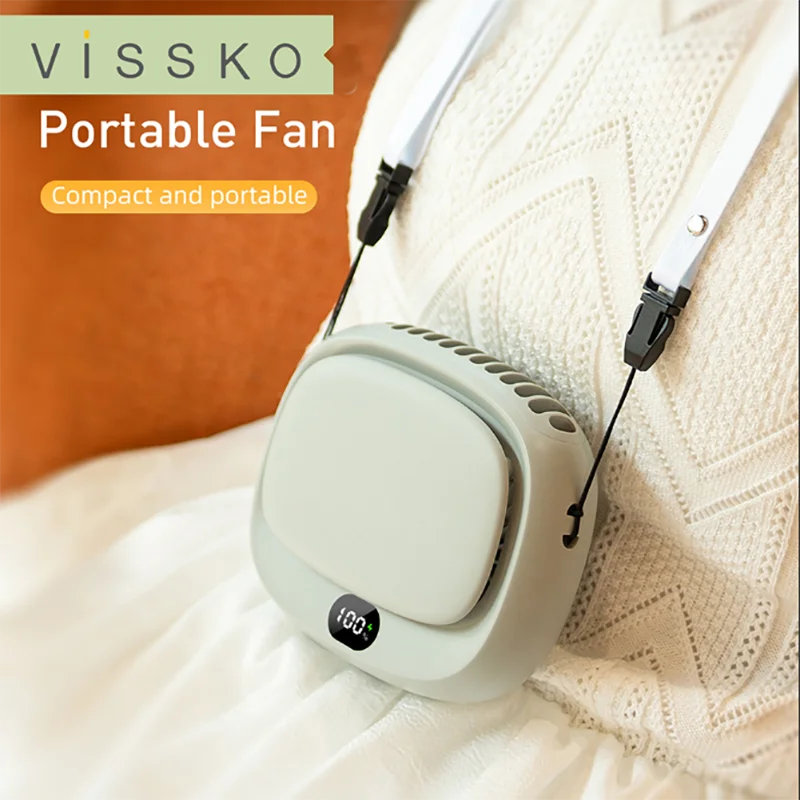 Vissko 1800mAh Handheld Mini Fan Multifunction Neck Hanging Fans 5 Speed USB Rechargeable Fan with Display Screen