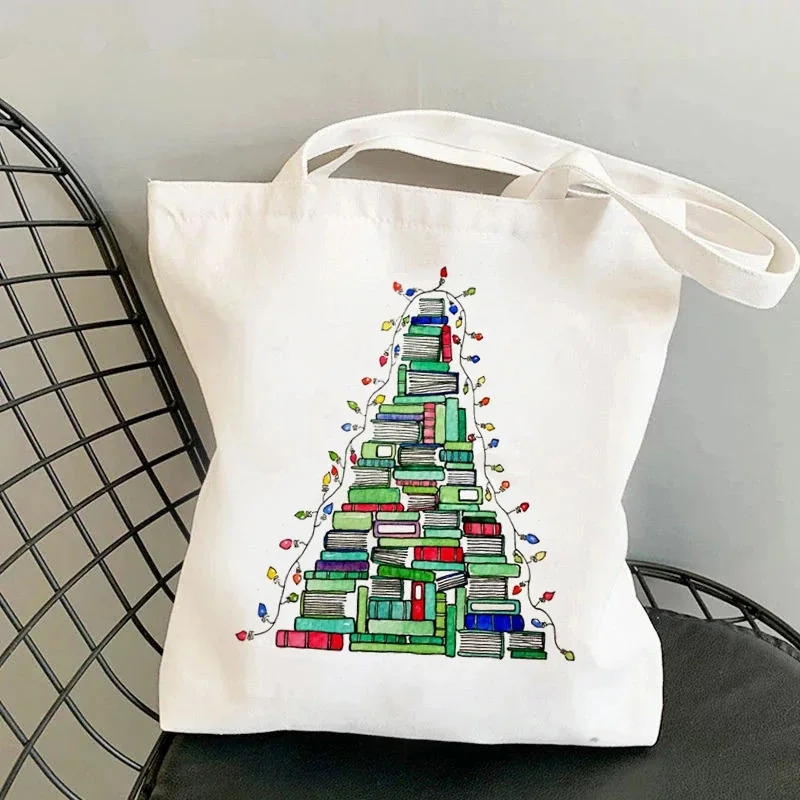 

Christmas Book Stack Tree Canvas Shoulder Bag Colorful String Lights Print Illustrated Style Holiday Gift Casual Tote Handbag
