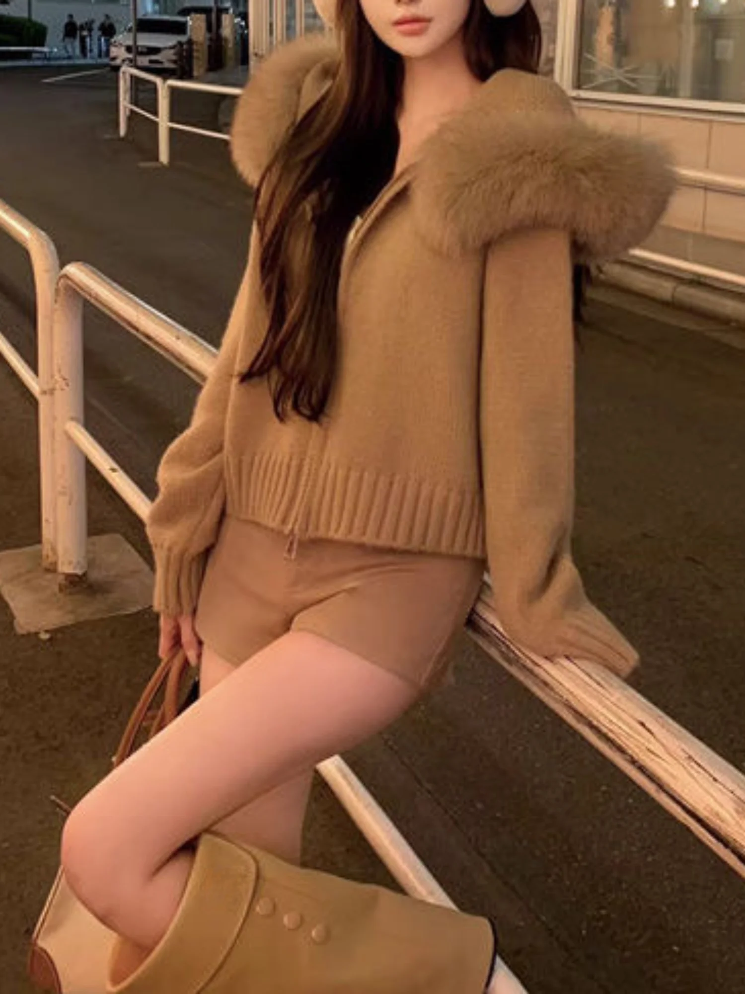 여성용 탈부착 가능한 플러시 칼라 지퍼 니트 가디건, 달콤하고 귀여운 스타일, 여성의 가을, 겨울 일상복, 쇼핑 및 데이트에 적합