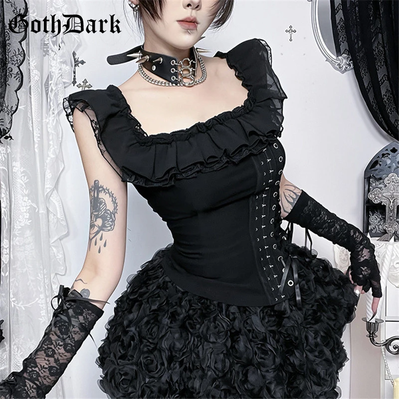 

Goth Dark Mall Gothic Solid Square Neck Corset Tops Lace Patchwork Kawaii Off Shoulder Tanks Top Trim Bandage Shirts Streetwear