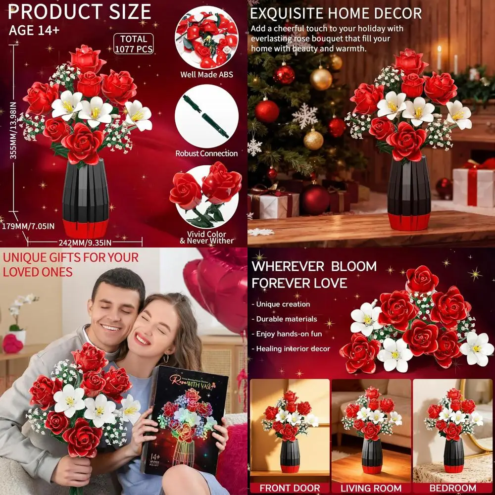 

Roses Flower Bouquet Building Blocks Set with Vase, Women Men Teen Girls Gifts for Christmas, 1077PCS Botanical Collection Artif