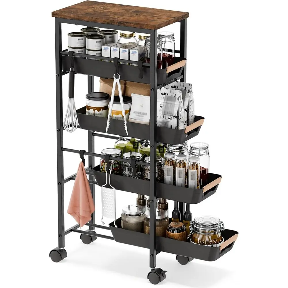 

5-уровневая узкая тележка для хранения с выдвижными корзинами, маленькая передвижная тележка с деревянной столешницей и крючками, органайзер для кухни