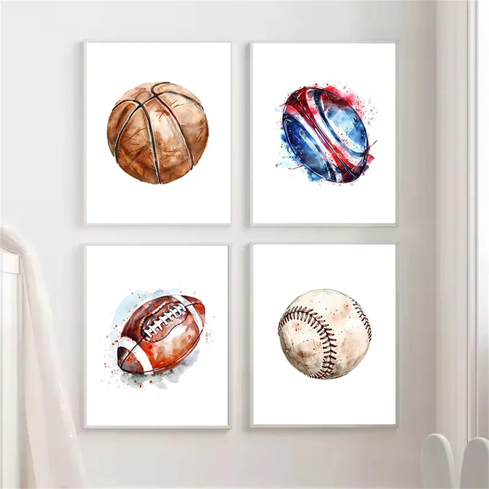 Vintage Sports Illustration Baseball Basketball Football Nursery Wall Art Poster Canvas Painting Print Picture Kids Room Decor