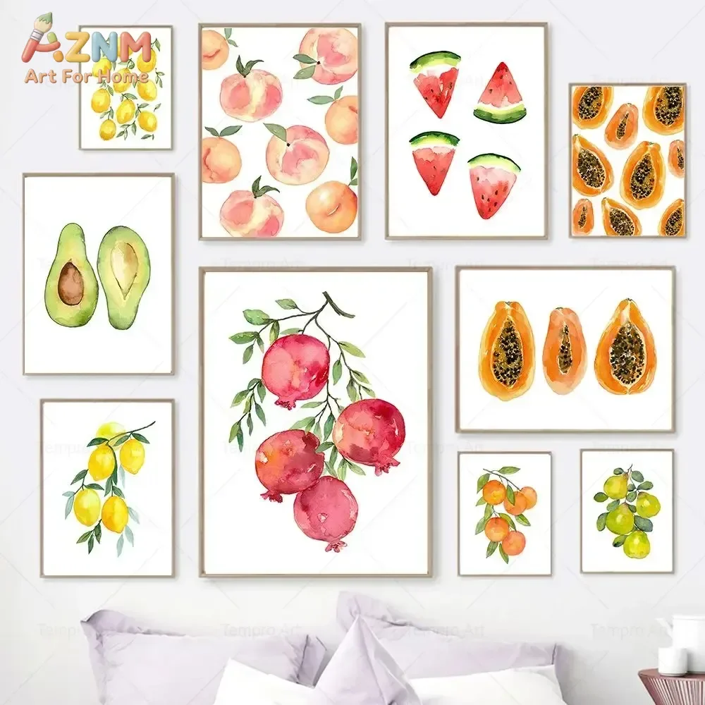 AZNM Watercolor Tropical Fruit Canvas Wall Art Lemon Peach Watermelon Avocado Pomegranate Hand Drawn Botanical Print Kitchen Din