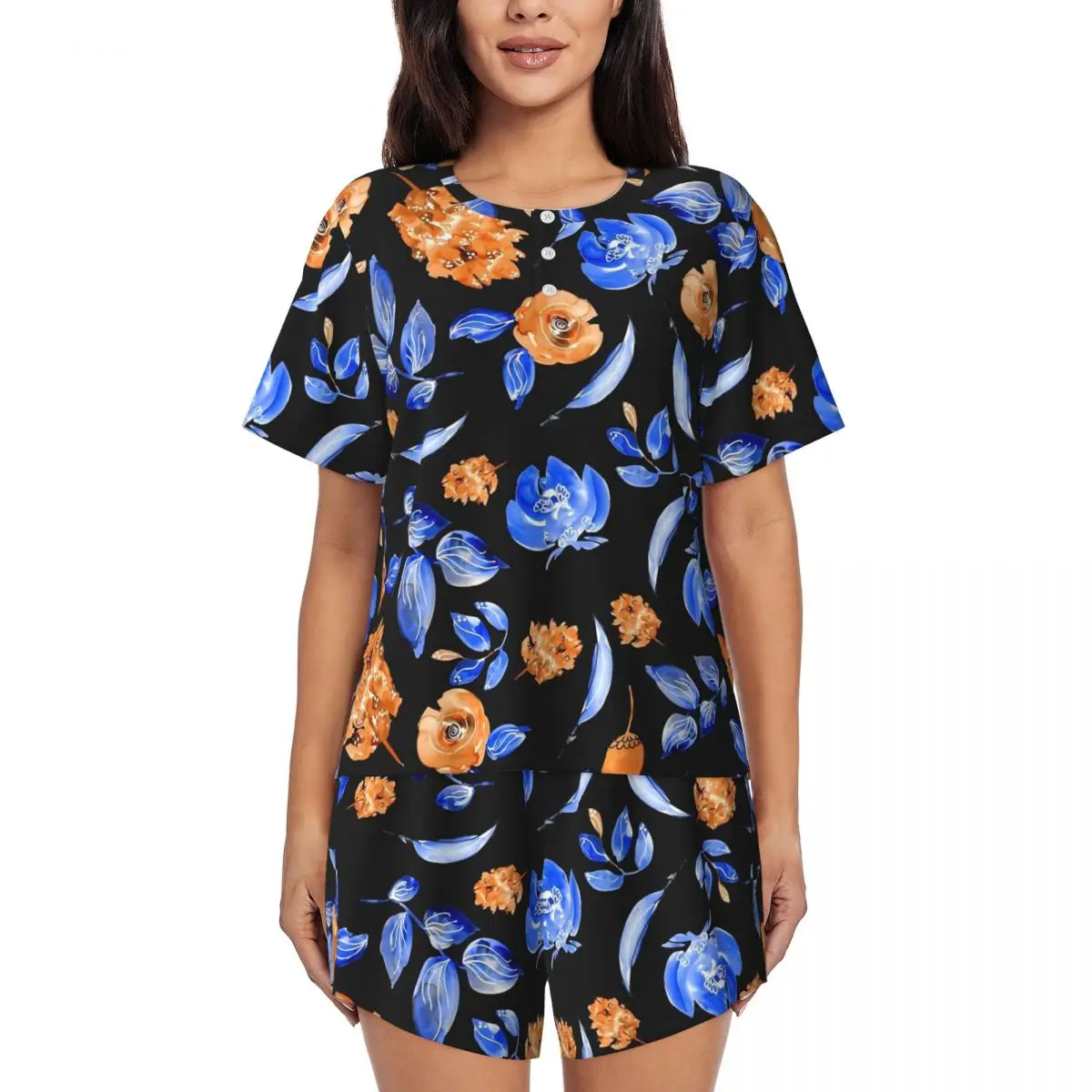 Blue Flower Pajamas Daily 2 Pieces Orange Floral Print Cute Pajama Sets Lady Short Sleeve O Neck Bedroom Printed Home Suit