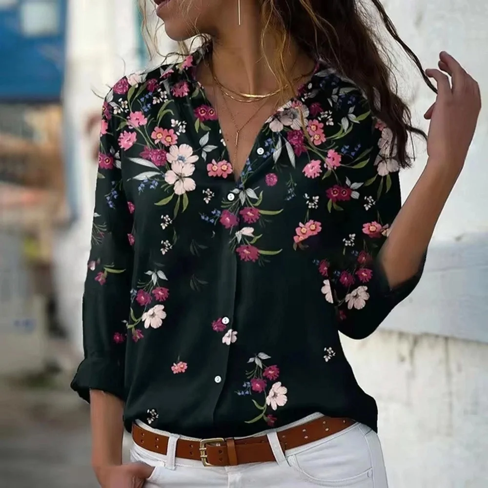 Summer New 3d Floral Print Long-Sleeved Shirt Women\'s Button Shirts & Blouses Fashion Black Tops Single-Breasted Lapel Shirts