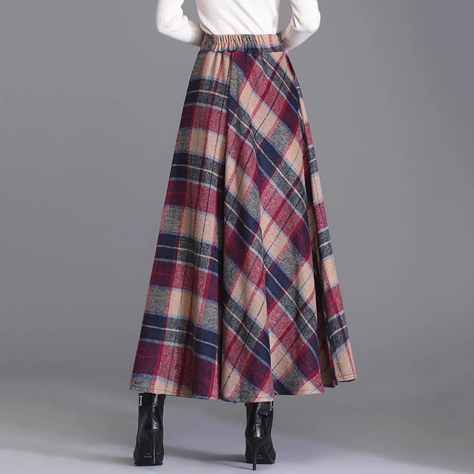 

Classic Woolen Half Skirts Women Fashion Retro Plaid Pattern High Waist Long Skirt Female Autumn Winter College Style Streetwear