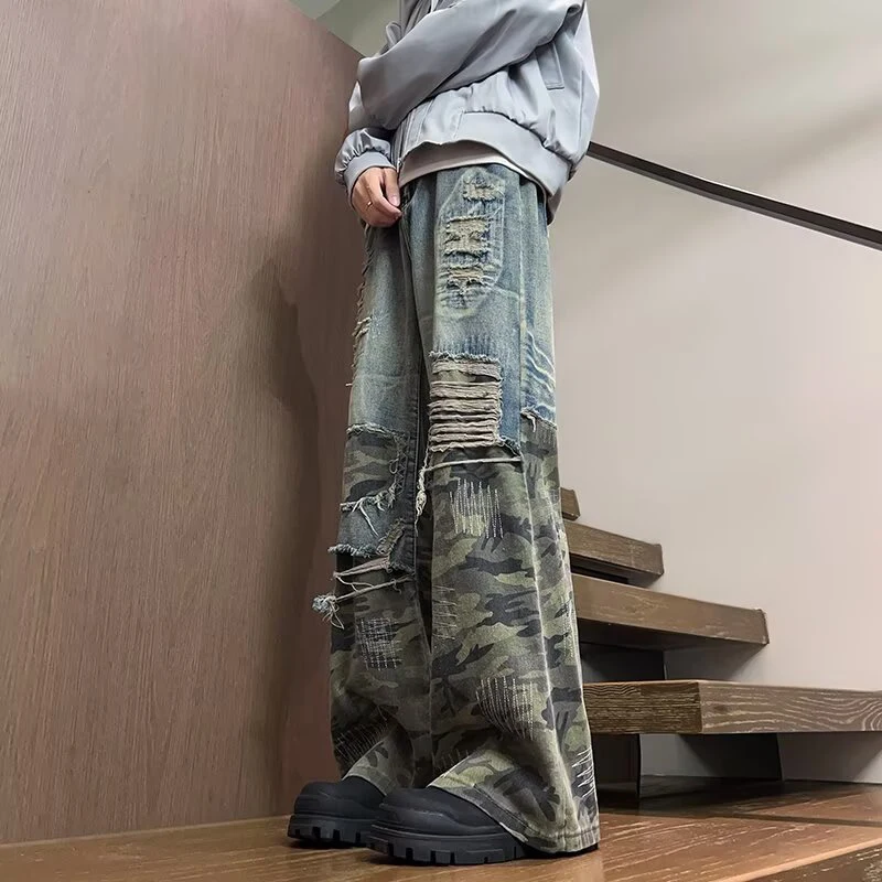 LUZHEN 2026 New Wornout Broken Hole Splicing Design Camouflage Printed Straight Jeans Men's Fashion Street Denim Pants JY9106
