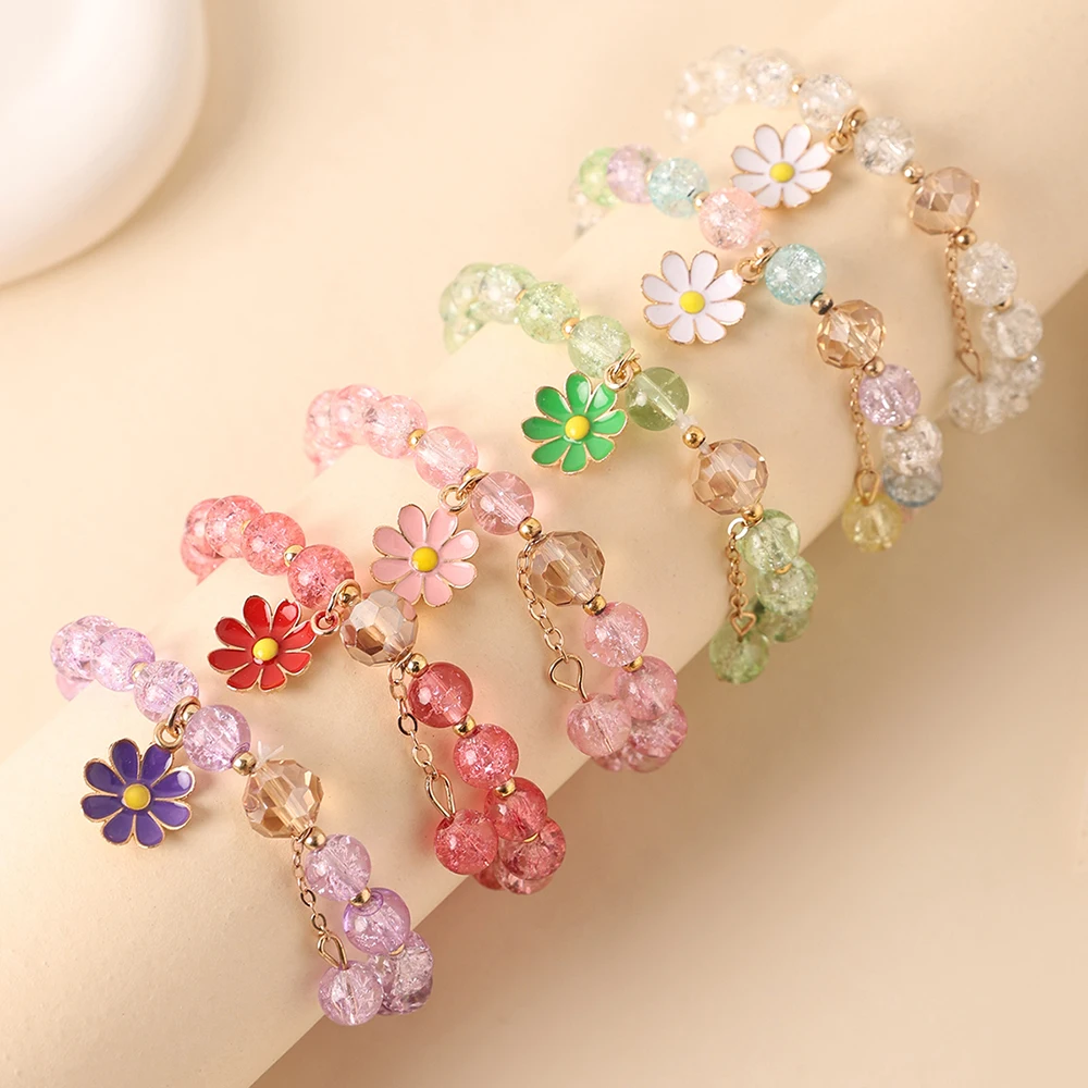 

FTCY 6PCS Daisy Flower Crystal Bead Bracelet for Women Colorful Elastic Adjustable Beaded Bracelets Women Jewelry Gifts