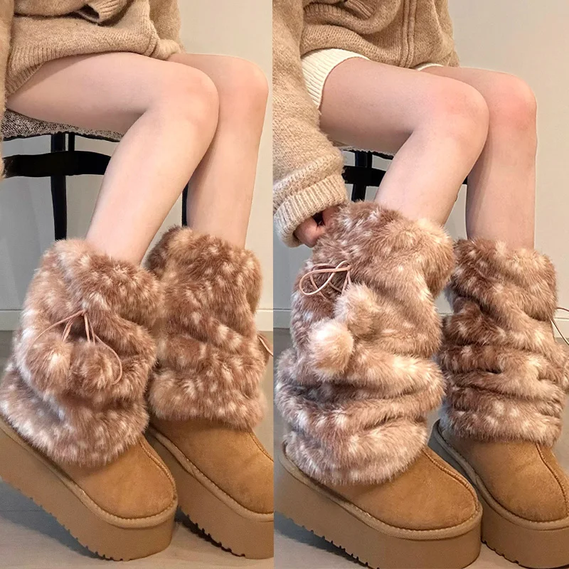 Winter Warm Plush Deer Patterned Faux Fur Boot Sock for Women Girls Deer Leg Warmers Costume Cosplay Boots Socks Chrismas Gifts