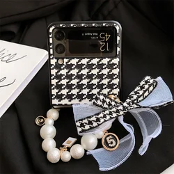 Elegante custodia portatile per telefono con ciondolo Bowknot in pizzo con bracciale di perle smerigliate per Samsung Galaxy Z Flip 5 4 3 Cover in pelle pied de poule