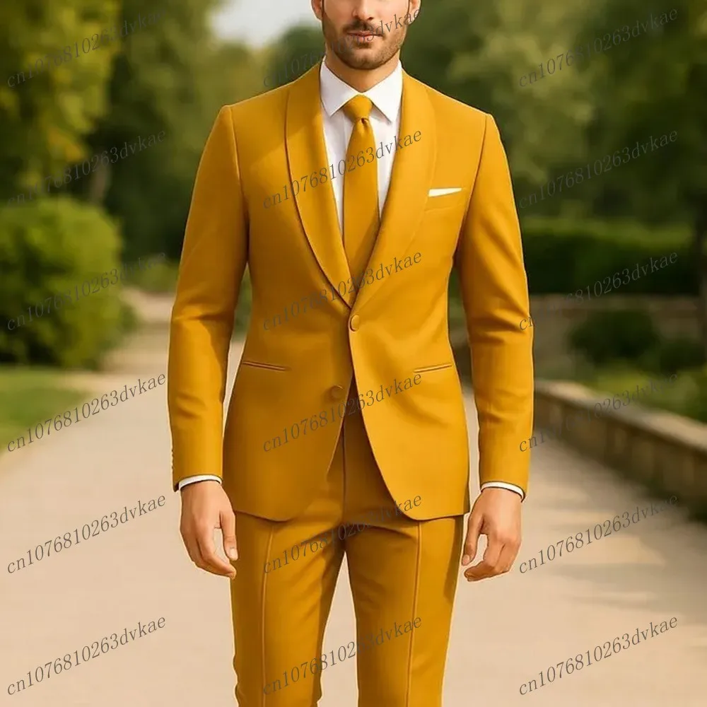 

Yellow Men Suit Wedding Party Formal Occasion Groom Groomsman Prom Business Male Tuxedos 2 Piece Set Jacket Pants