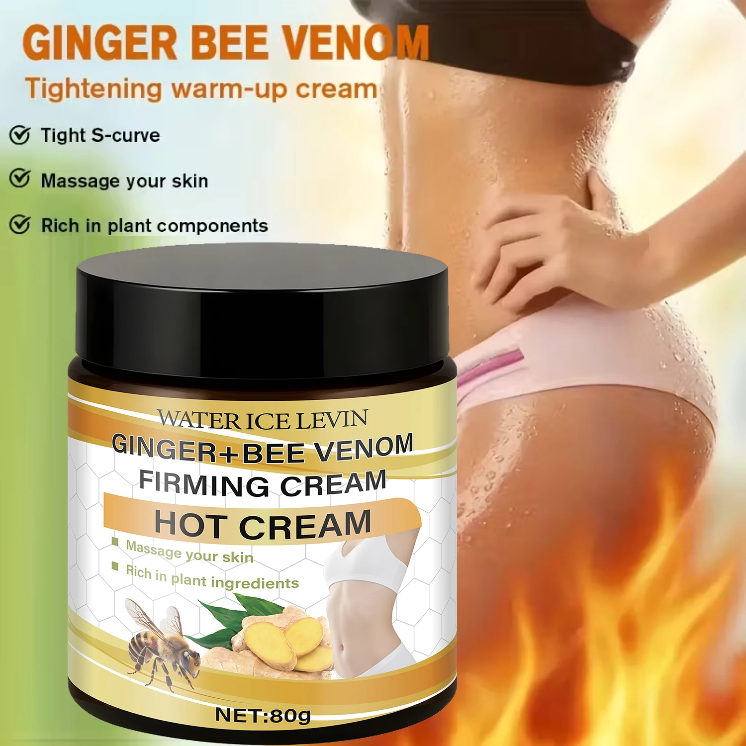 Ginger & Bee Venom Hot Firming Cream - Pre-Workout Warming Moisturizer to Heat Skin,Define with Plant-Based Ingredients.