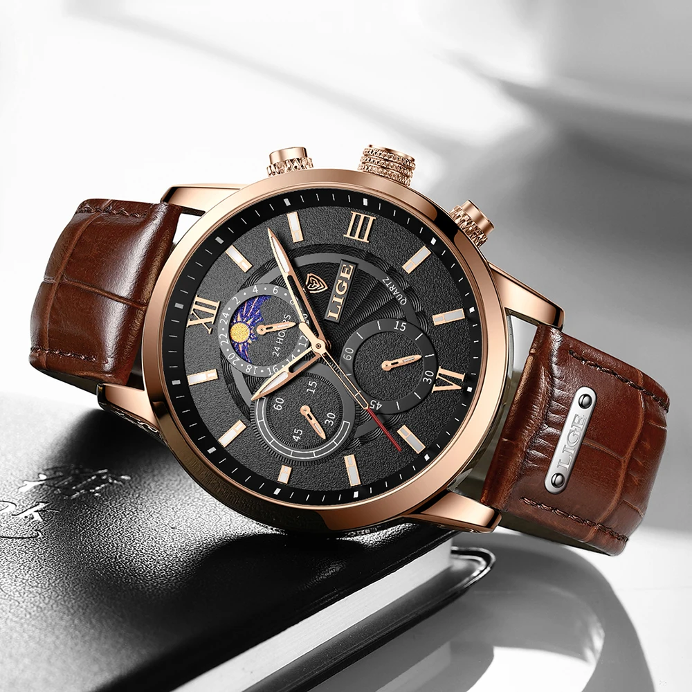 Relojes para hombre LIGE, reloj de pulsera de lujo para hombre, reloj de cuarzo de cuero para hombre, reloj deportivo resistente al agua para hombre, reloj Masculino