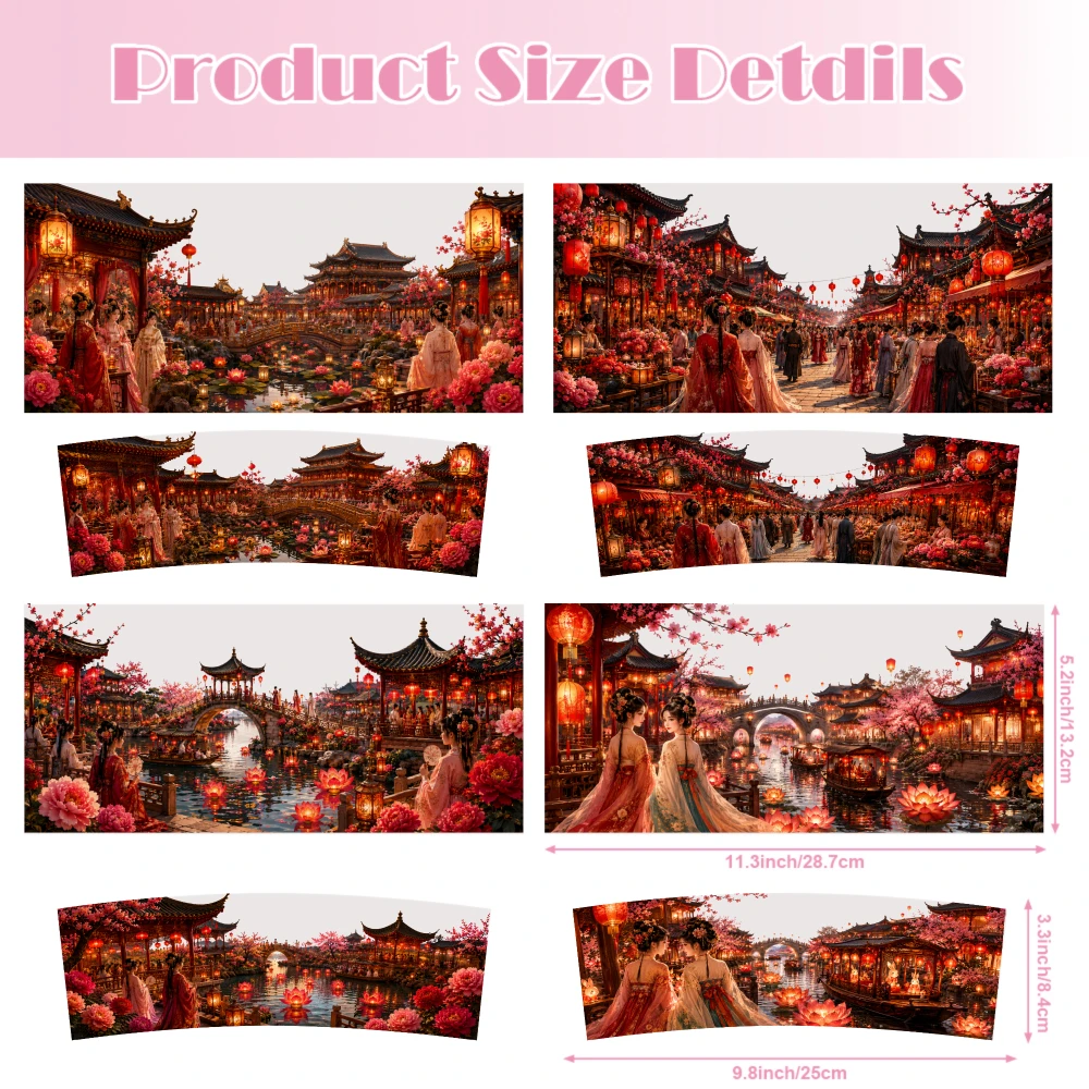 4 Sheets Traditional Chinese Landscape With Lanterns And Cherry Blossoms UV DTF Stickers for 40oz Tumblers Tumbler Jars Wrap