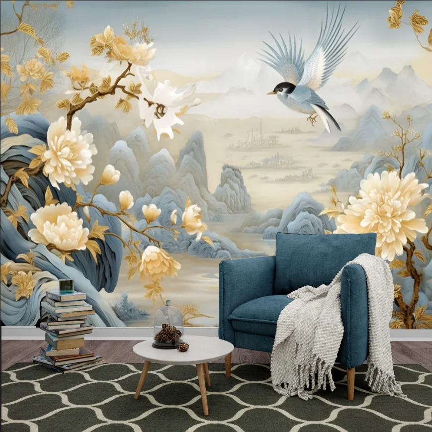 Customized size wallpaper hand-painted peacock peony flower wallpaper home decoration blue background big tree flowers 3d murals