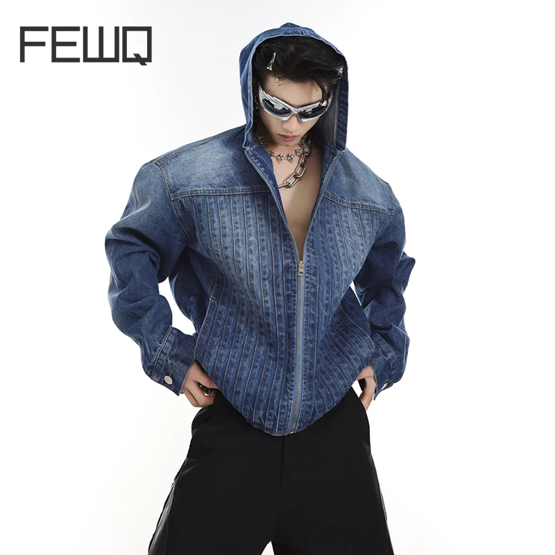 FEWQ Niche Design Men\'s Pleated Washed Hooded Jacket Shoulder Pad Outwear Male Fashio Denim Coats 2023 Autumn Casual Tops 9C677