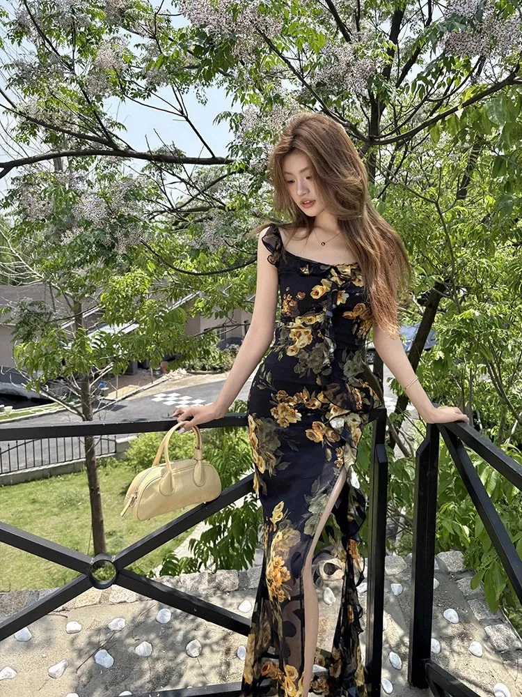 REDDACHiC Estate Boho Maxi Abito Lungo Donna Chiffon Floreale Collo Quadrato Canotta Increspato Split Sirena Vestito Estivo Abiti Estivi