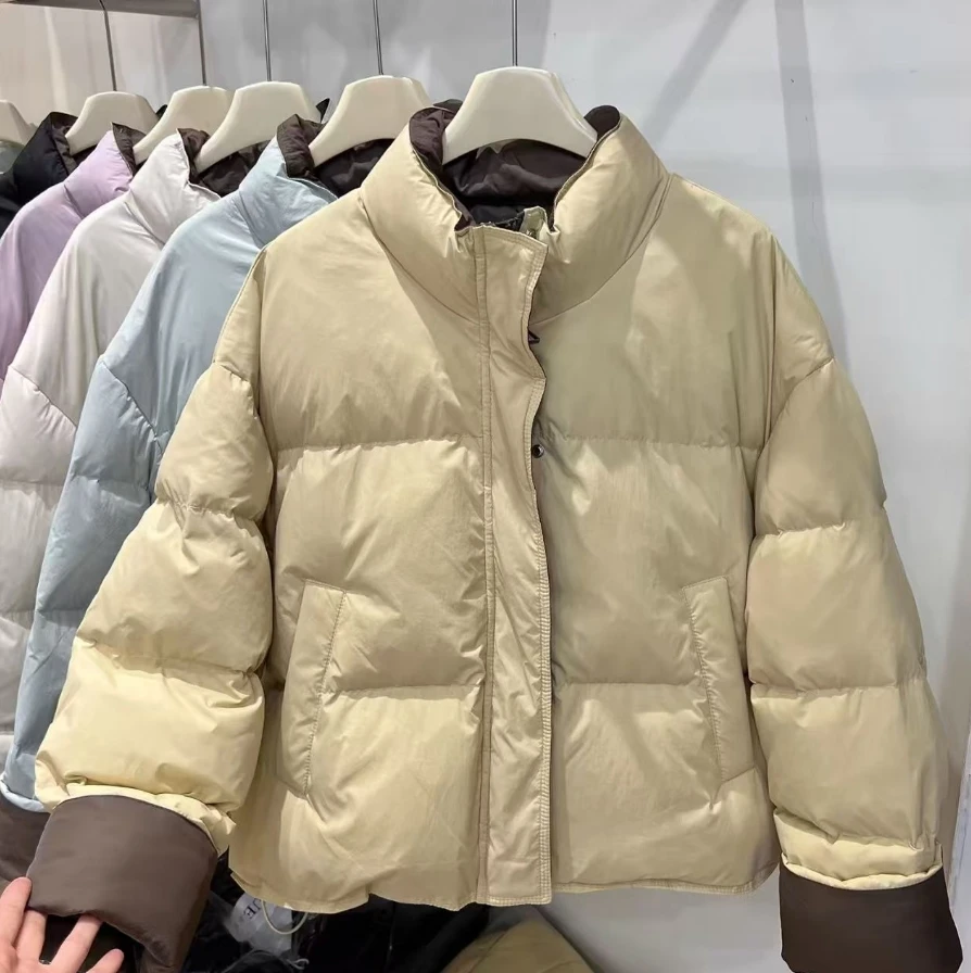 2025 겨울 신상 여성용 숏 다운 코튼 재킷 미니멀리스트 출퇴근용 대비 색상 스탠드 칼라 디자인 코트 여성 파카