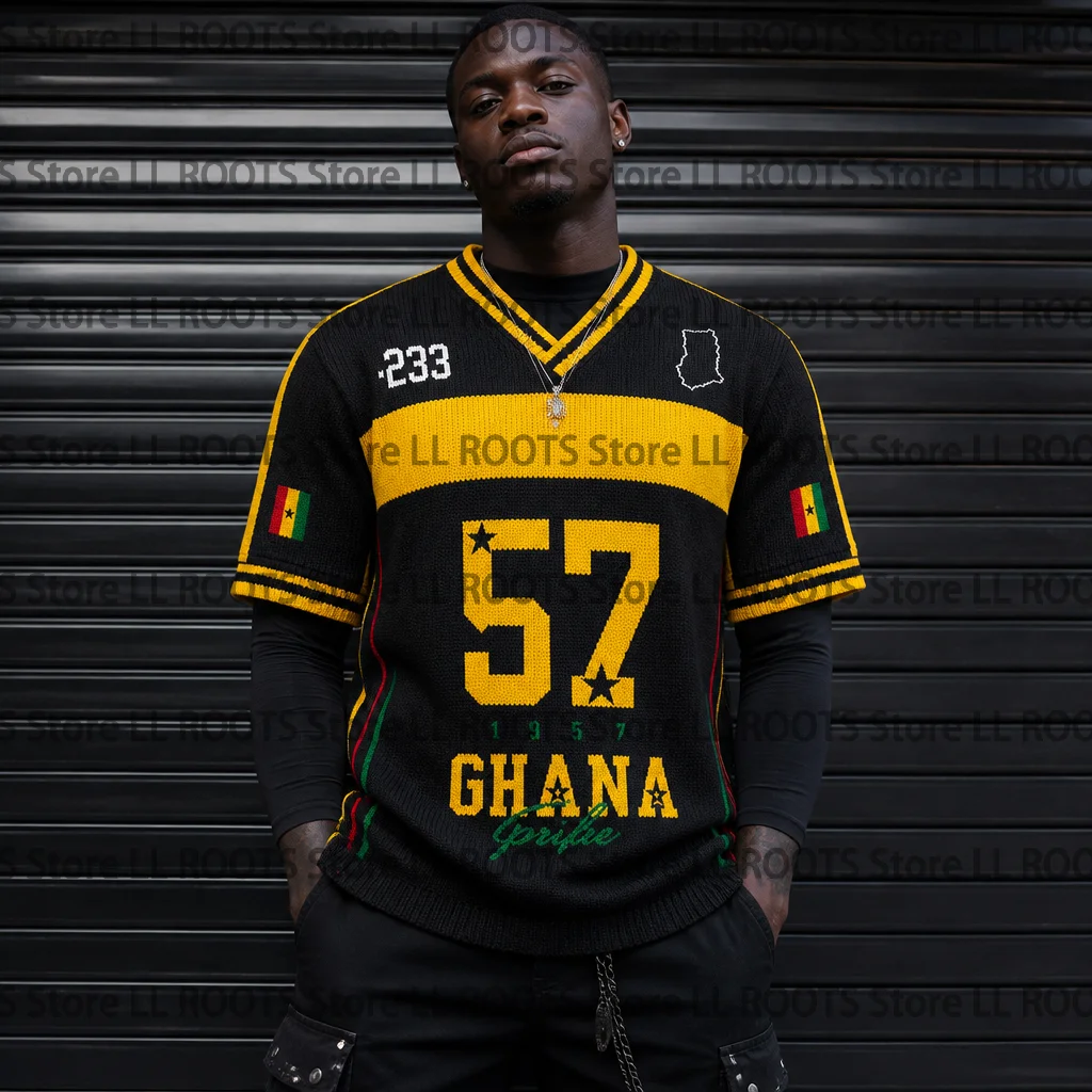 Ghana Flag Print Knitted V-Neck T-Shirt, Casual Hip Hop Street Style Short-Sleeve Sweater, Versatile for Everyday Wear