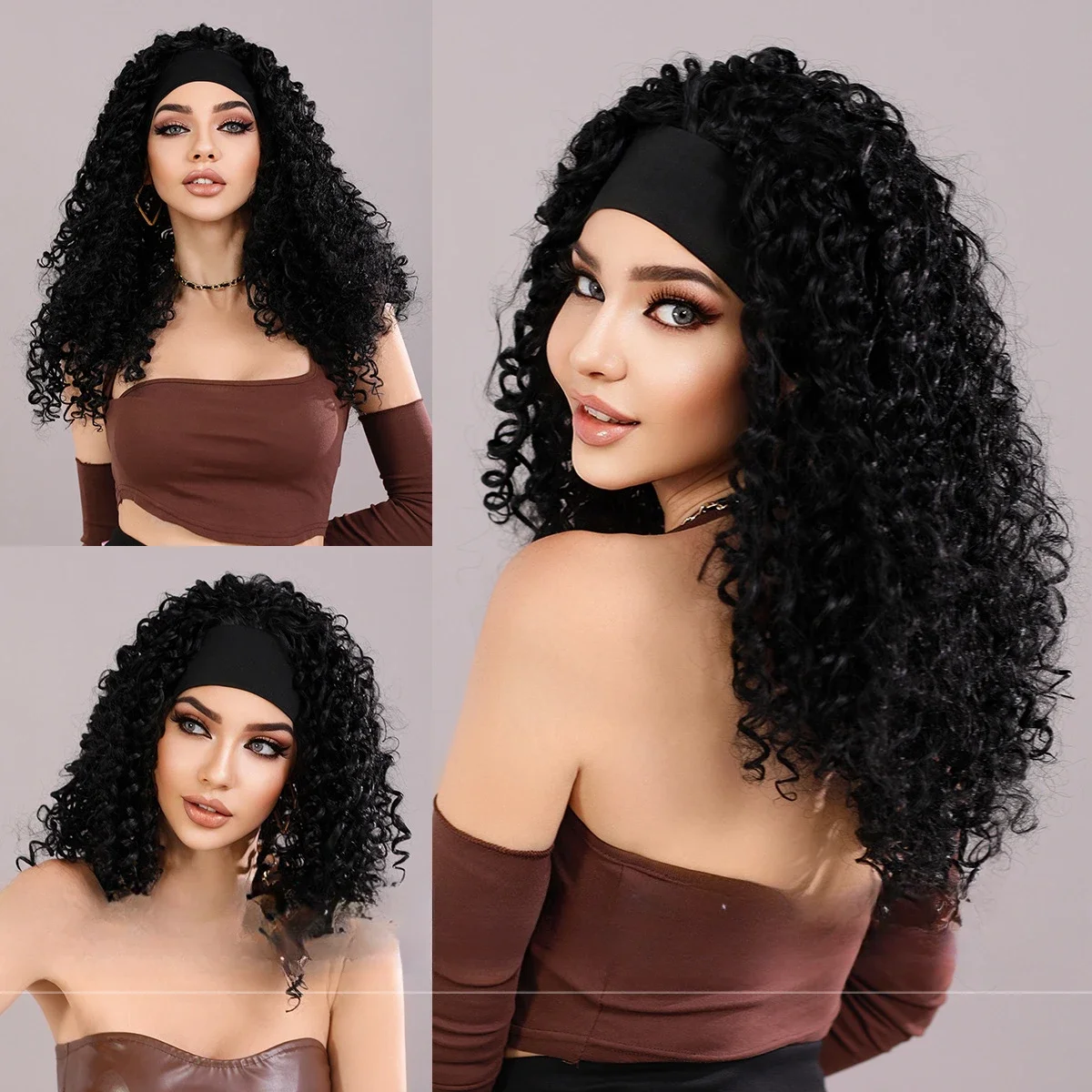 18“-22” 3/4 Half Long Charm Women‘s Spiral Headband Black African Curly Hair Ribbon Wigs Kinky Headband Wigs