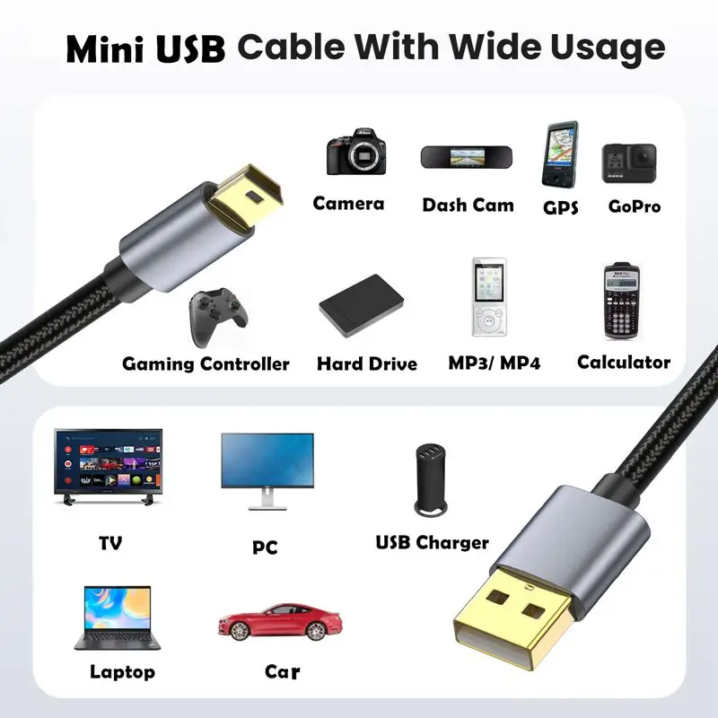 High Speed Gold-Plated USB 2.0 Version A Male to Mini 5-Pin Male Cable, Used For Garmin GPS Receiver Game Controller Cable