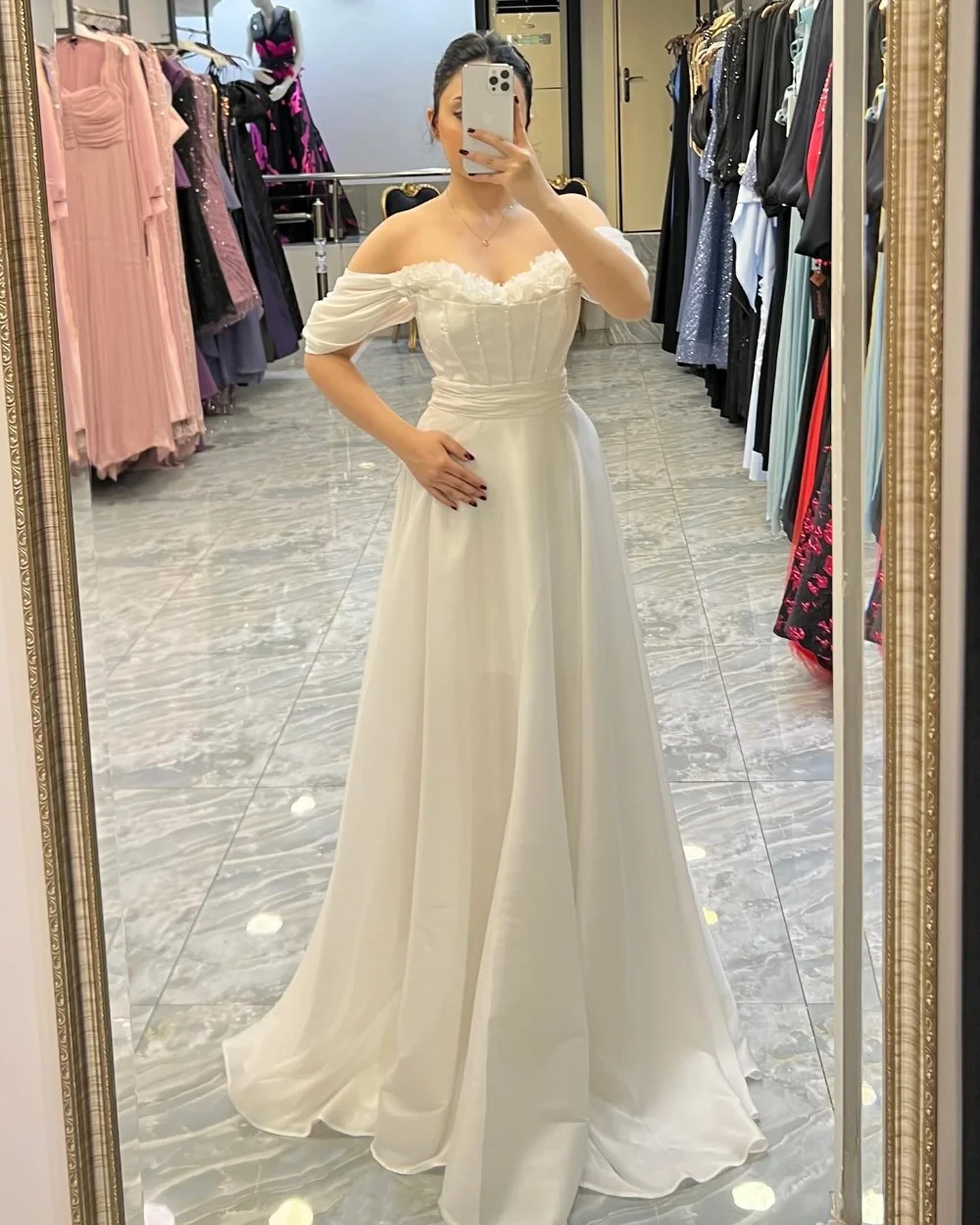 

Customized Modern Style High Quality Organza Ruched Flower Beading A-line Off-the-shoulder Long Dresses Bespoke Occasion Dresses