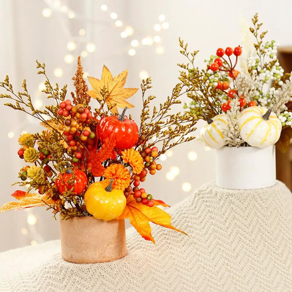 Fall Pumpkin Flower Arrangement, Artificial Maple Berry Potted Plant for Thanksgiving, Harvest Home Tabletop Decor, Thanksgiving