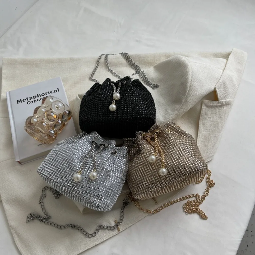 

Shiny Evening Banquet Bag Korean Style Small Purse Rhinestone Shoulder Bag Handbag Bucket Bag Drawstring Crossbody Bag Wedding