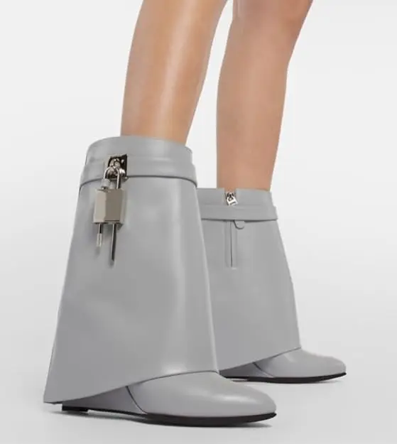 Fashion Women\'s Ankle Boots Wedge Newest 2024 Shark Lock Vintage Mid-Calf Boots Luxury Pointed Toe Short Boots
