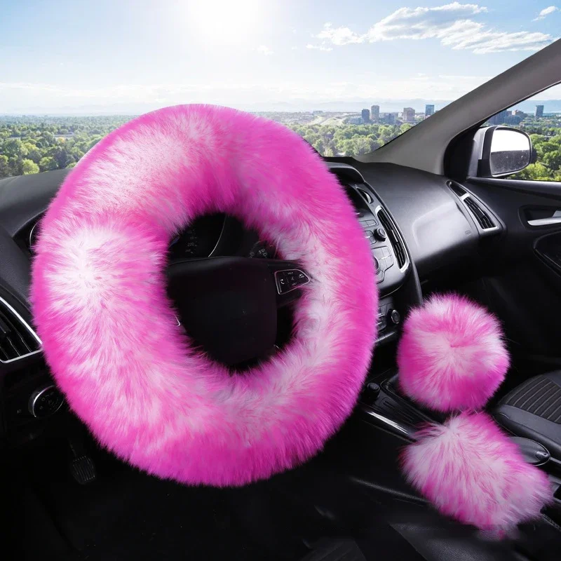 3PCS Set Real Wool Fur Soft Steering Wheel Covers Furry Long Hair Womens Winter Fashion Handle Cover Car Decoration Accessories