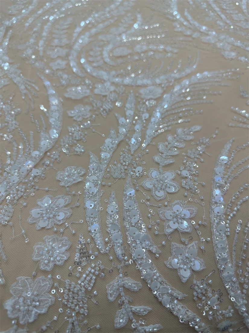 

African Heavy Beaded Lace Fabric High Quality Nigerian Sequins Tulle J-13084812 Fabric Material For Wedding