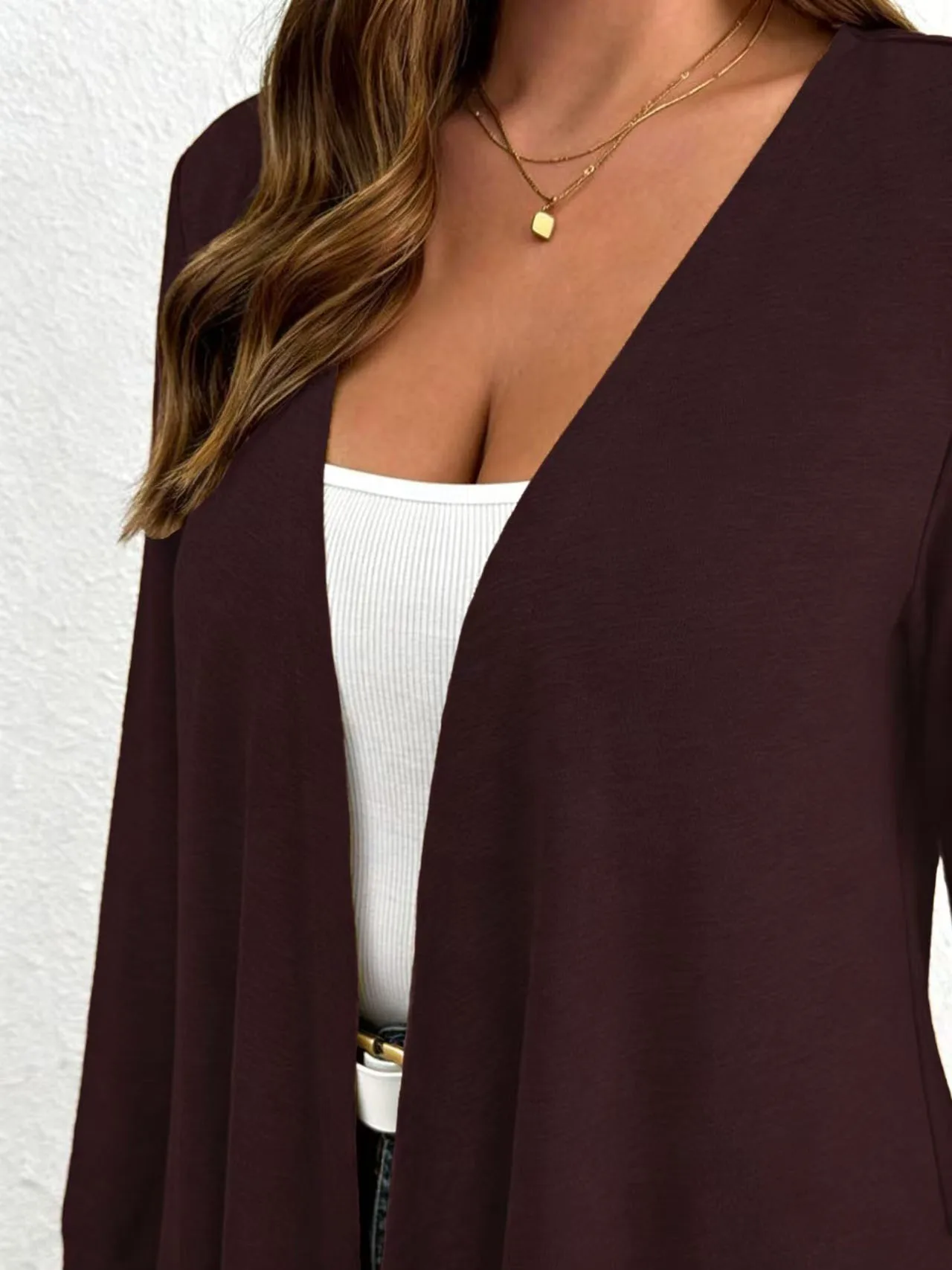 مقاس كبير للسيدات بأكمام طويلة بلون سادة، حاشية غير متماثلة، سترة كاجوال مفتوحة من الأمام، ملابس بمقاسات كبيرة #5