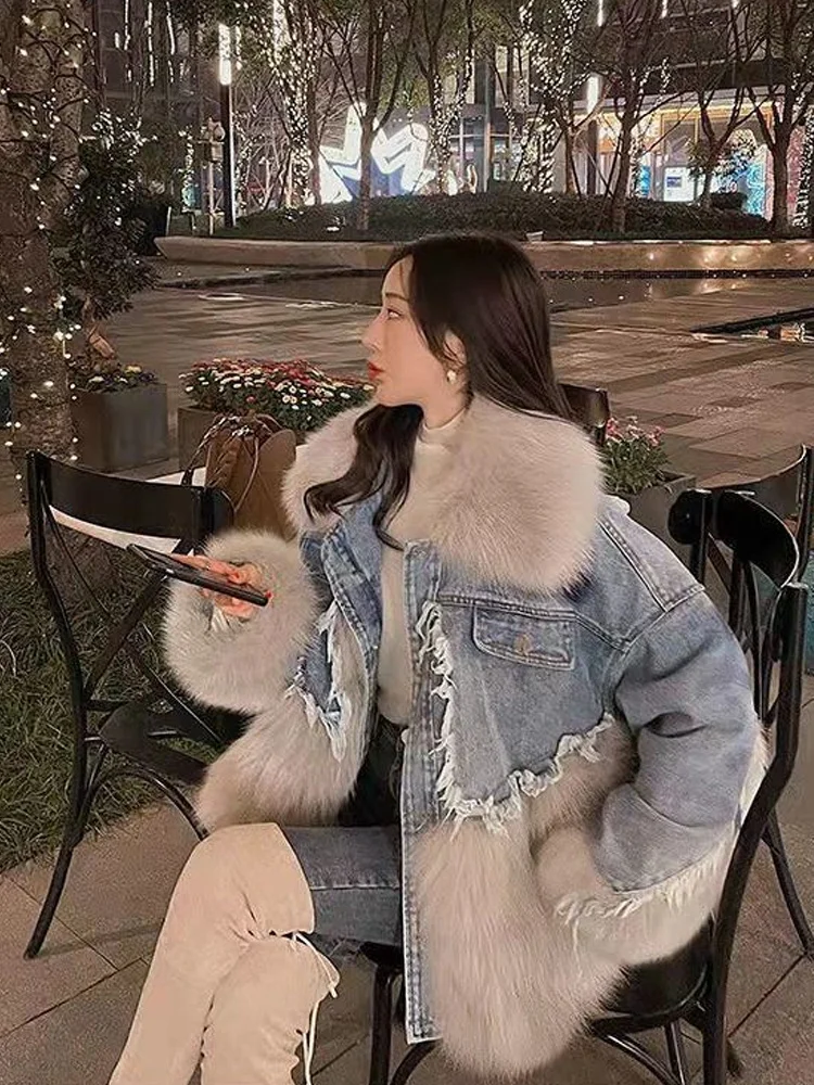 Women Winter Denim Jacket Oversize Large Patchwork Faux Fur Coat Leather & Skin Women\'s Fur Coat Thick Warm Bomber Jean Coat