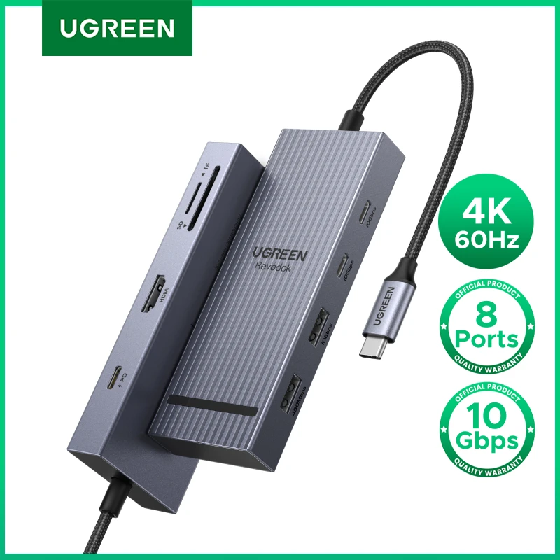 UGREEN USB-C HUB 8 en 1 tipo C a 4K60Hz HDMI USB-A y C 3,2 Gen 2 10Gbps PD100W SD/TF para MacBook Pro/Air Estación de acoplamiento Dell XPS