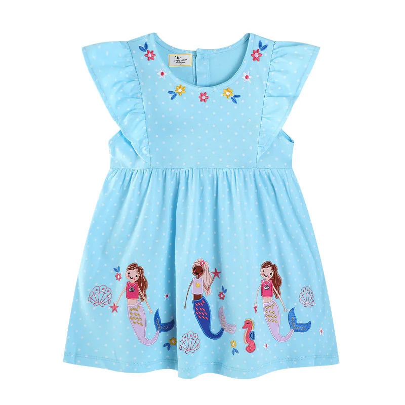 Jumping Meters Summer Princess Mermaid Embroidery Dress  2-7T Girls Baby Costume Applique Kids Hot Selling Children's Clothing